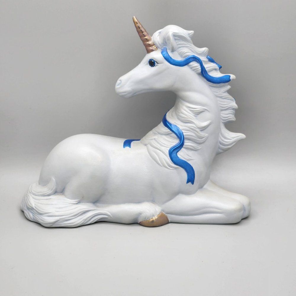 Hand Painted Ceramic Unicorn Blue Mythical Fairytale Fantasy 7.5x9 Chalked